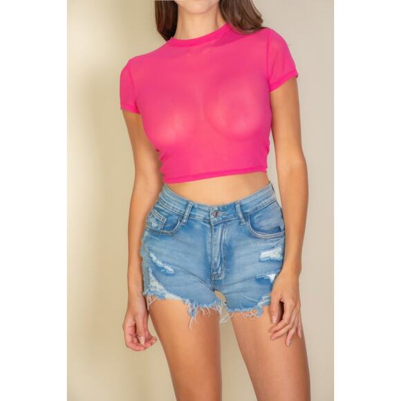 HackleBee | Fuchsia Pink Sexy Mesh Sheer Short Sleeve Crop Top Size S, M, L - Picture 3 of 6